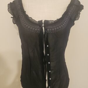 Guess Black Embroidered Lace-Trim Blouse